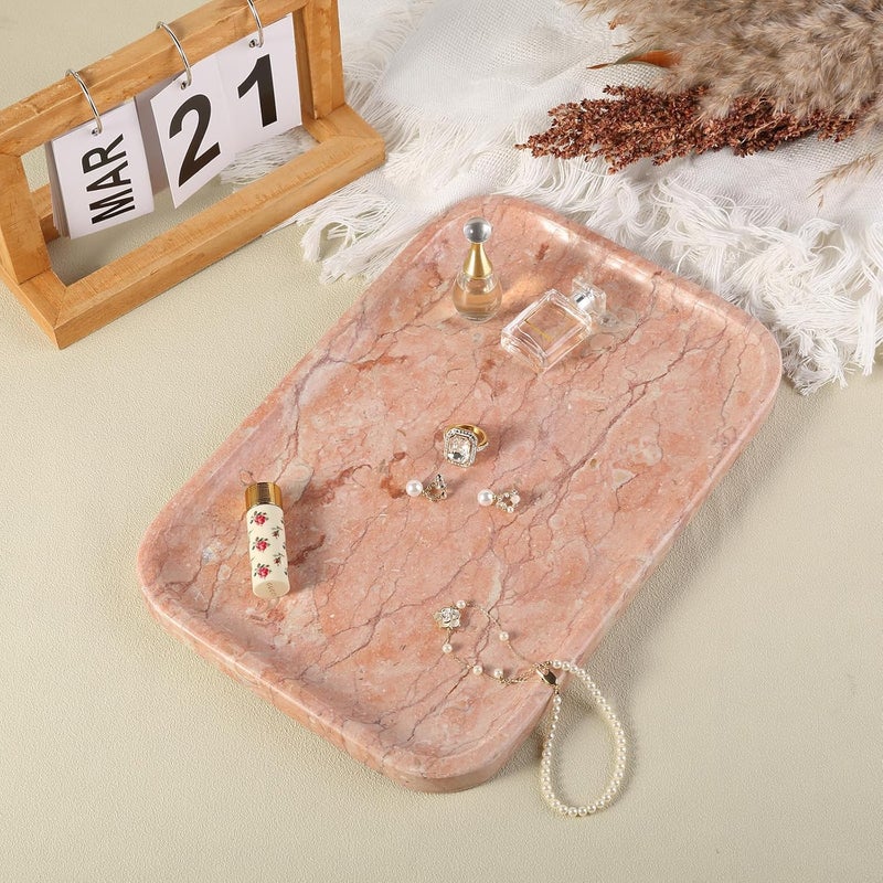 karibiber Marble Vanity Tray, Bathroom Tray for Countertop, Decoration Dresser Organizer, Perfume, Jewelry Holder, Red Stone Serving for Kitchen Sink Storage(Spring Rose) - Image 5